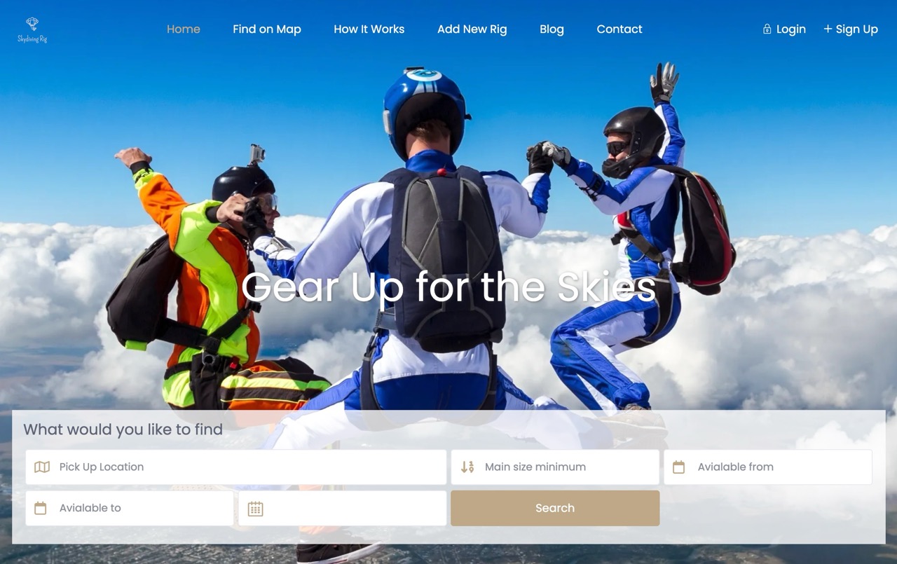 A two-sided marketplace for renting skydiving equipment - location-based search, availability calendars, and size filtering connecting equipment owners with renters